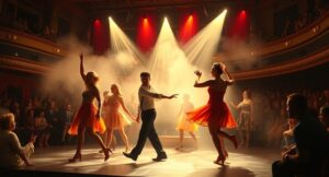 "Vibrant Broadway stage performance featuring dancers in colourful costumes mid-motion under dramatic spotlights, with a live audience watching in an ornate theatre setting."