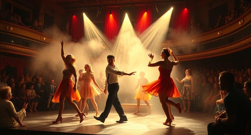 "Vibrant Broadway stage performance featuring dancers in colourful costumes mid-motion under dramatic spotlights, with a live audience watching in an ornate theatre setting."