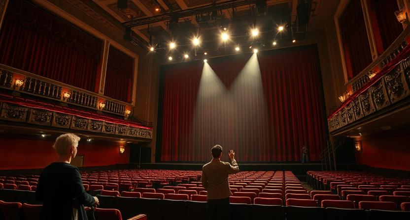 "Empty Broadway theatre with ornate balconies and red velvet curtains, as a stage director gestures toward the spotlight-lit stage during a quiet rehearsal setup."
