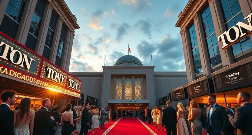 "Elegant red carpet entrance at the Tony Awards 2025 venue during sunset, with a crowd of guests in formal attire, illuminated marquee lights, and grand theatre architecture showcasing Broadway’s glamour."
