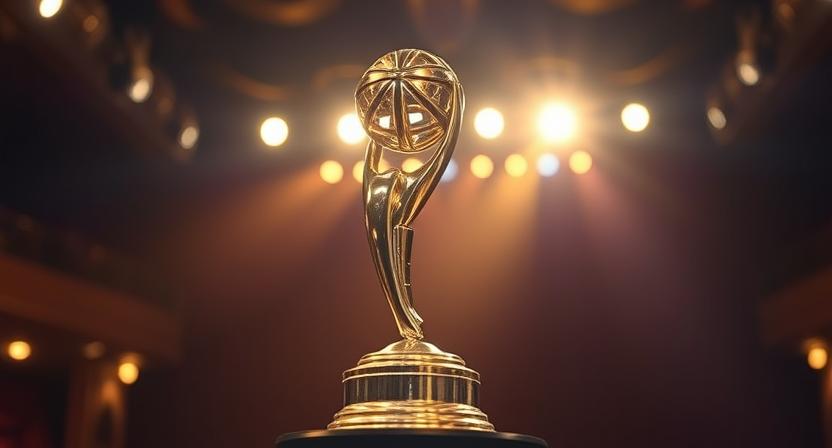 "Close-up of a golden Tony Award trophy under dramatic stage lighting, with blurred spotlights in the background highlighting the elegance and prestige of the ceremony."